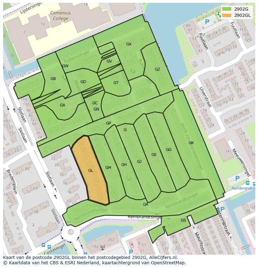Afbeelding van het postcodegebied 2902 GL op de kaart.