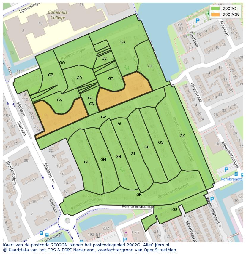 Afbeelding van het postcodegebied 2902 GN op de kaart.