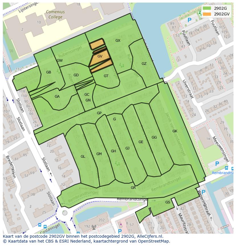 Afbeelding van het postcodegebied 2902 GV op de kaart.