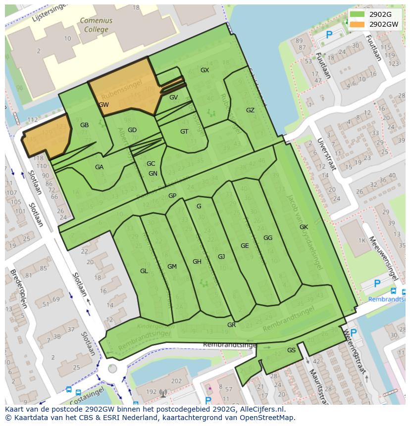 Afbeelding van het postcodegebied 2902 GW op de kaart.