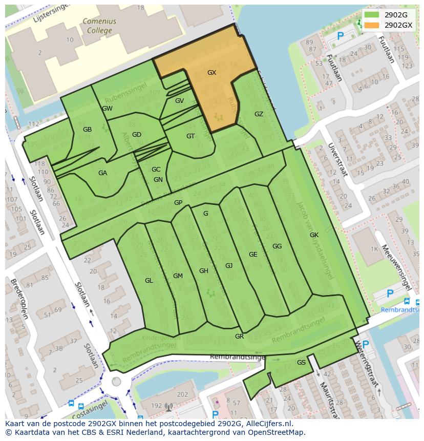 Afbeelding van het postcodegebied 2902 GX op de kaart.