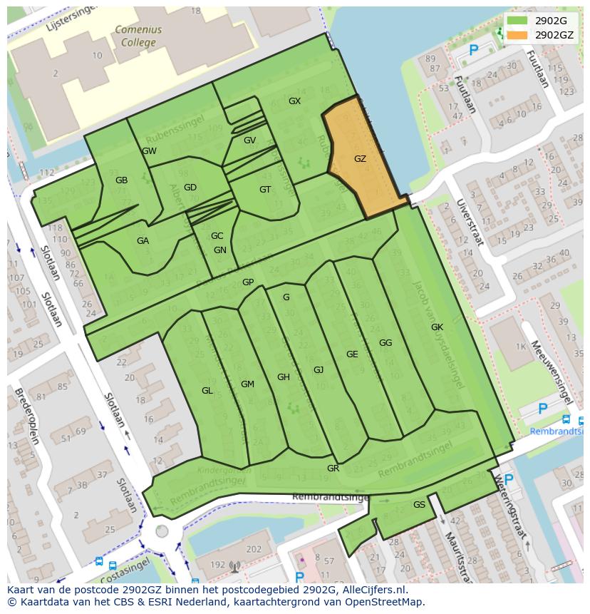 Afbeelding van het postcodegebied 2902 GZ op de kaart.