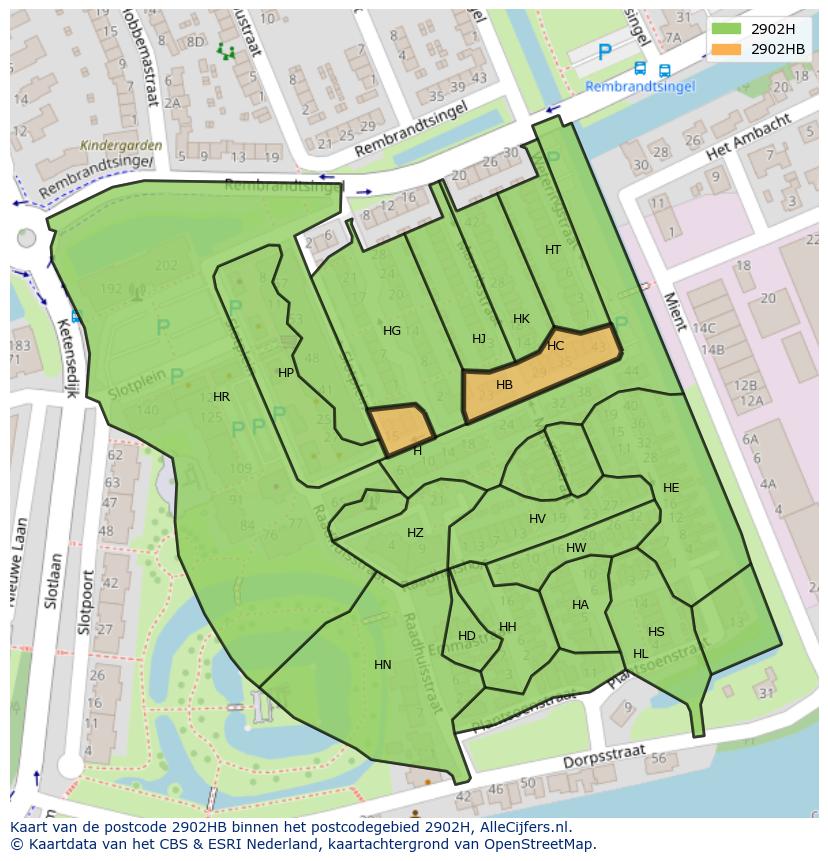 Afbeelding van het postcodegebied 2902 HB op de kaart.