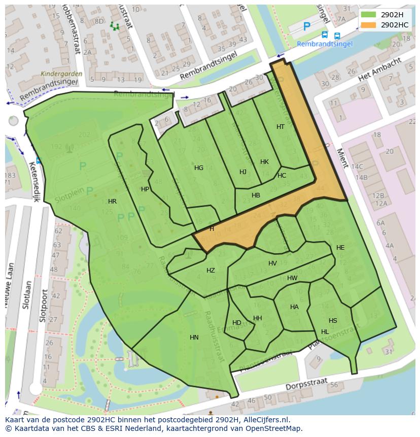 Afbeelding van het postcodegebied 2902 HC op de kaart.