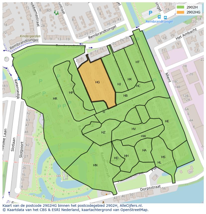 Afbeelding van het postcodegebied 2902 HG op de kaart.