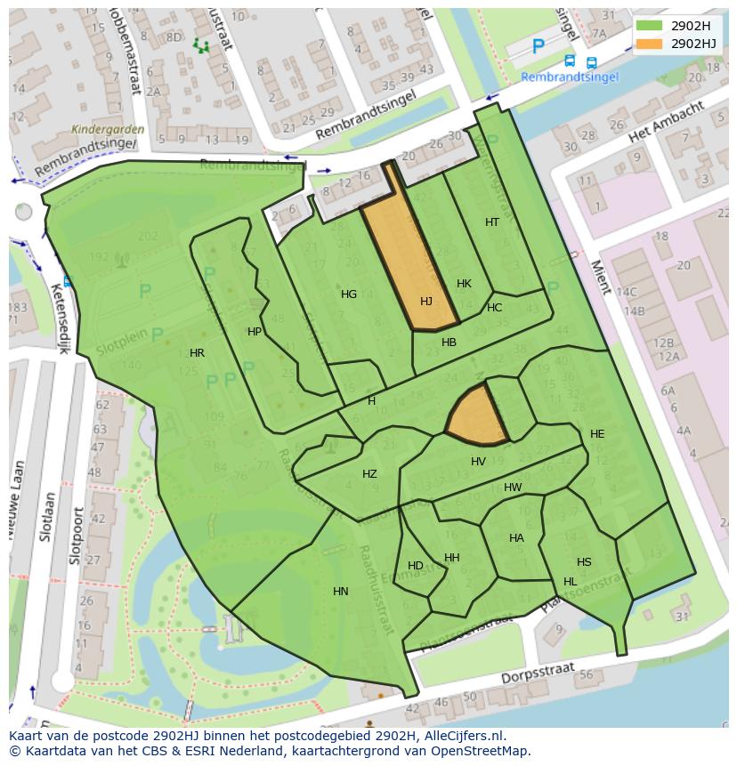 Afbeelding van het postcodegebied 2902 HJ op de kaart.