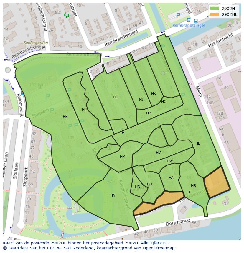 Afbeelding van het postcodegebied 2902 HL op de kaart.
