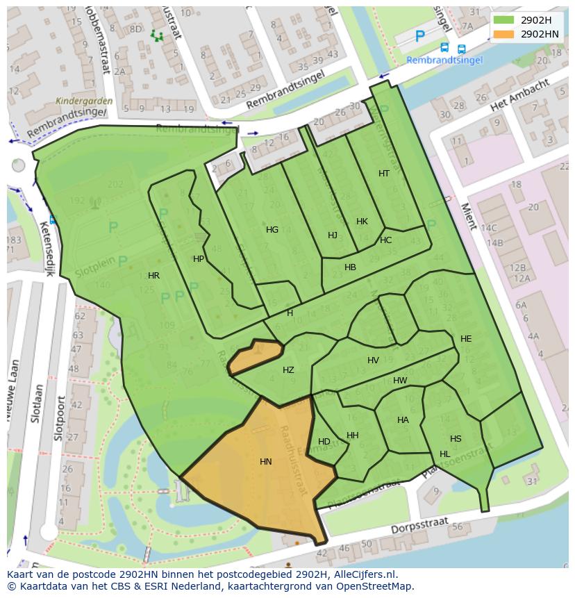 Afbeelding van het postcodegebied 2902 HN op de kaart.