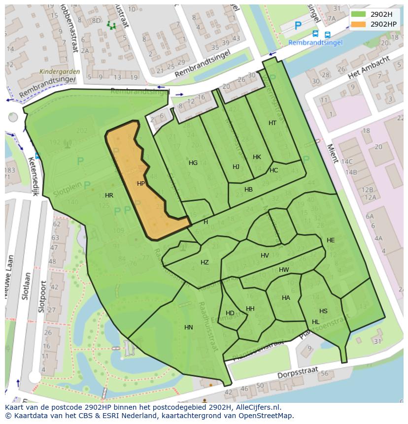 Afbeelding van het postcodegebied 2902 HP op de kaart.