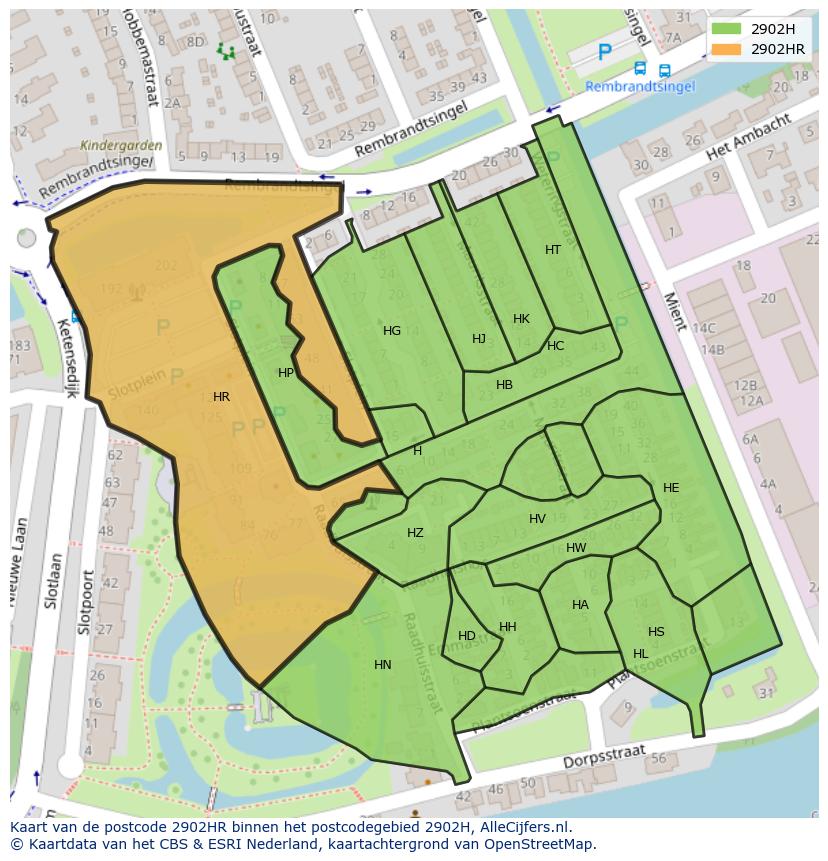 Afbeelding van het postcodegebied 2902 HR op de kaart.