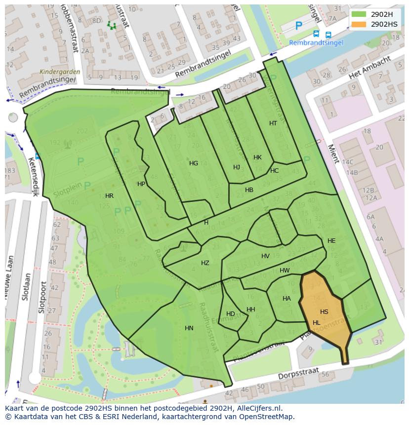 Afbeelding van het postcodegebied 2902 HS op de kaart.