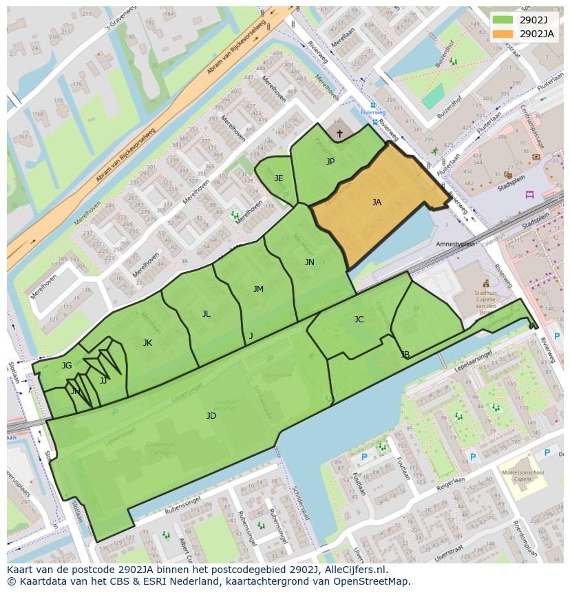 Afbeelding van het postcodegebied 2902 JA op de kaart.