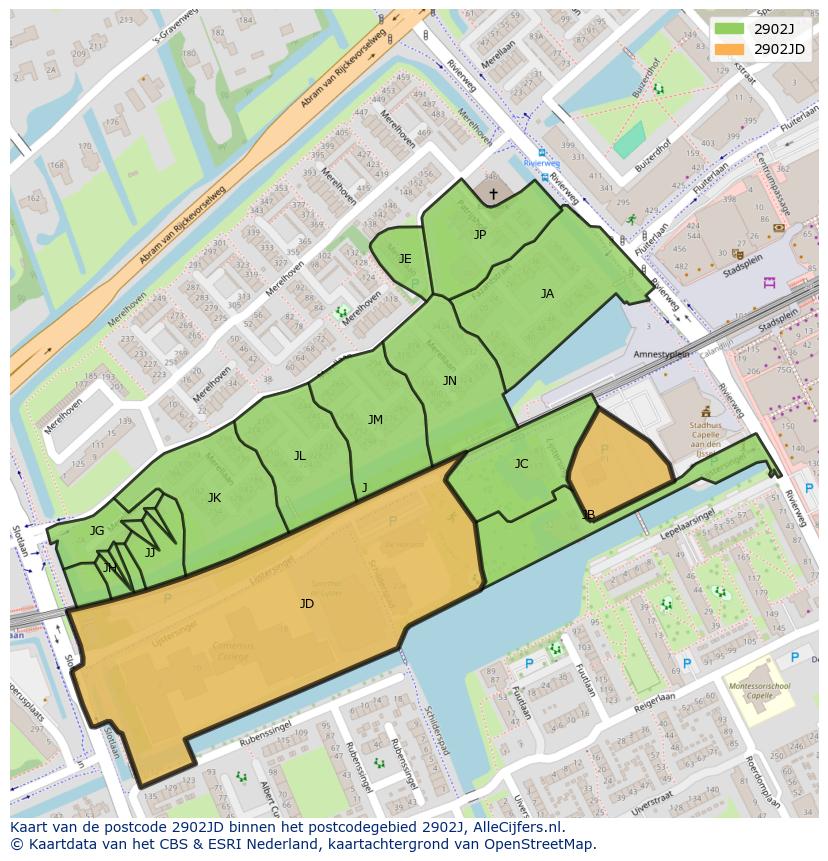 Afbeelding van het postcodegebied 2902 JD op de kaart.