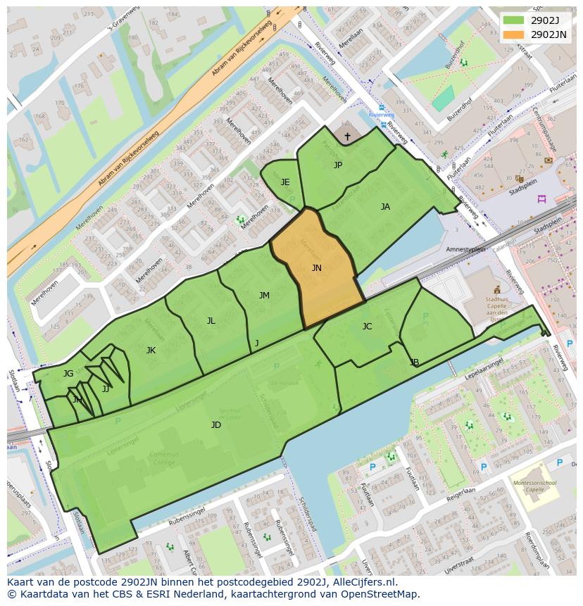 Afbeelding van het postcodegebied 2902 JN op de kaart.