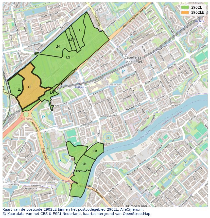 Afbeelding van het postcodegebied 2902 LE op de kaart.