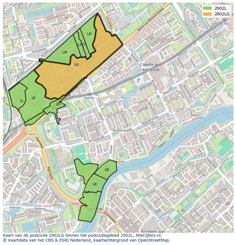Afbeelding van het postcodegebied 2902 LG op de kaart.