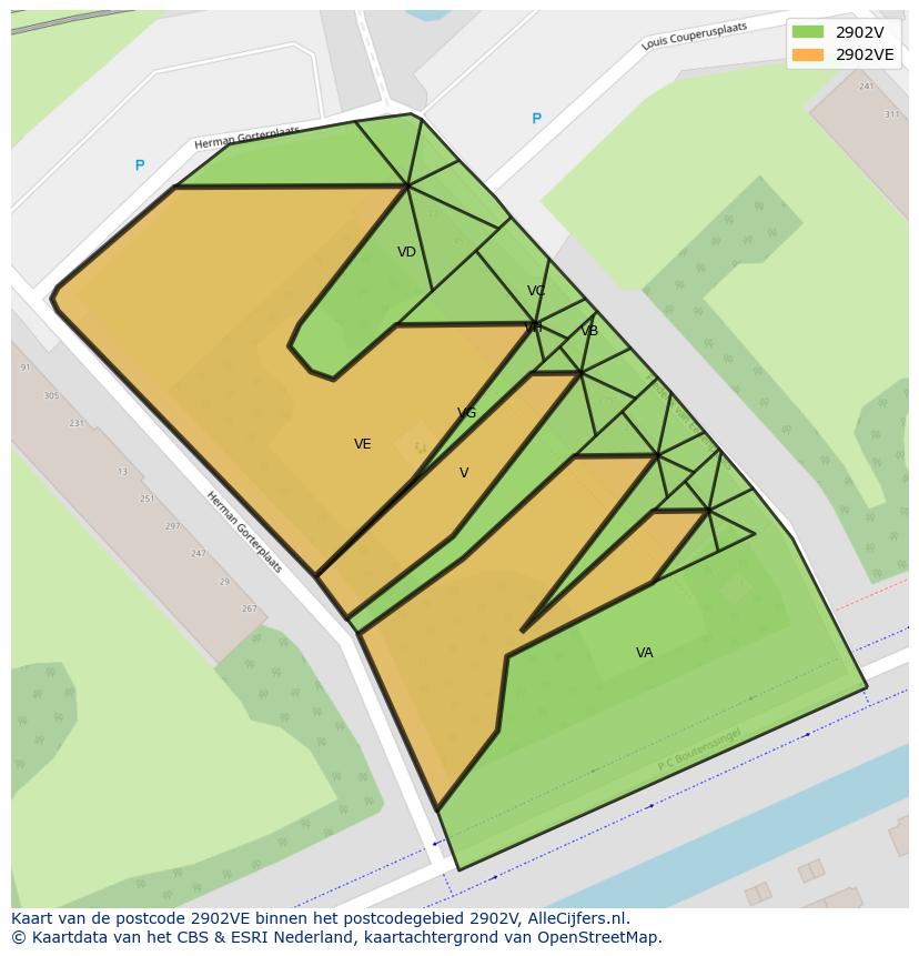 Afbeelding van het postcodegebied 2902 VE op de kaart.