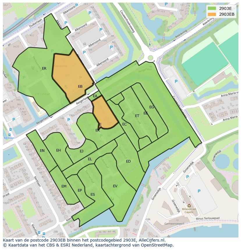 Afbeelding van het postcodegebied 2903 EB op de kaart.