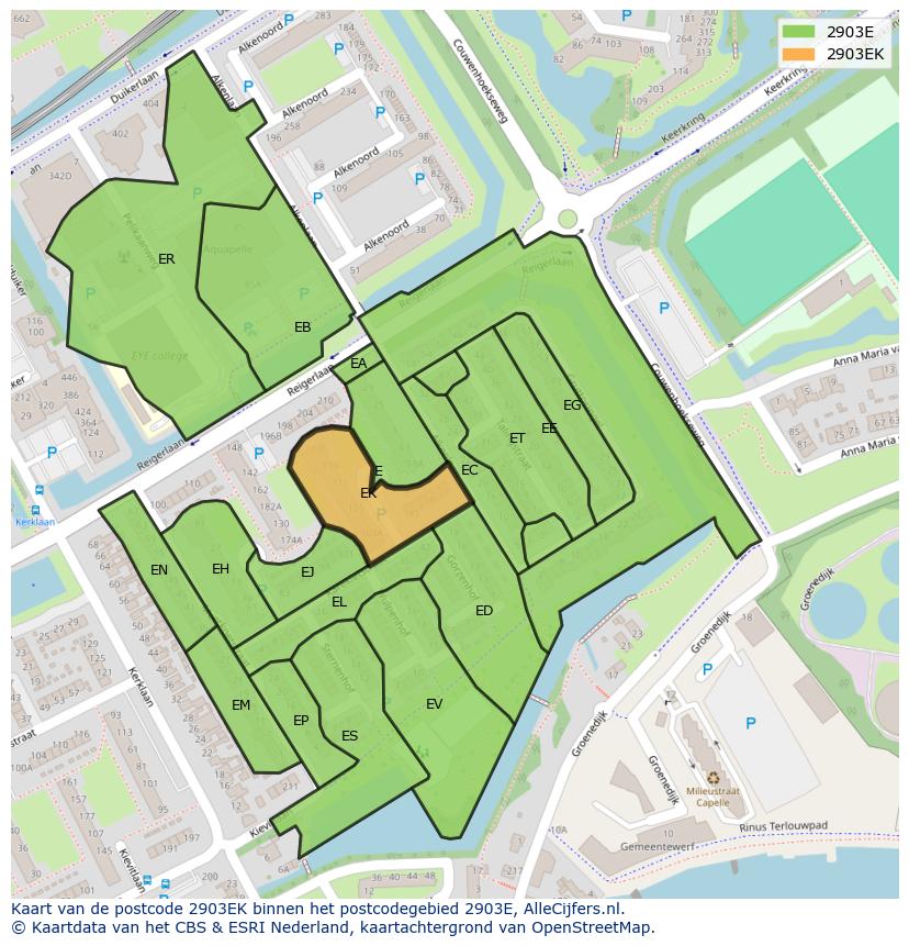 Afbeelding van het postcodegebied 2903 EK op de kaart.