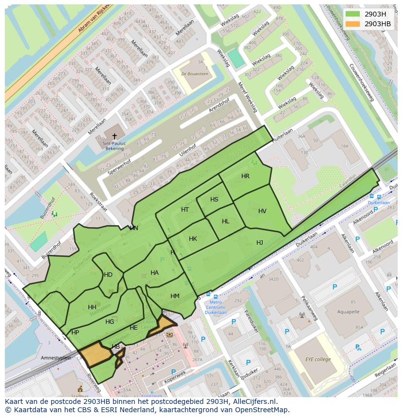 Afbeelding van het postcodegebied 2903 HB op de kaart.