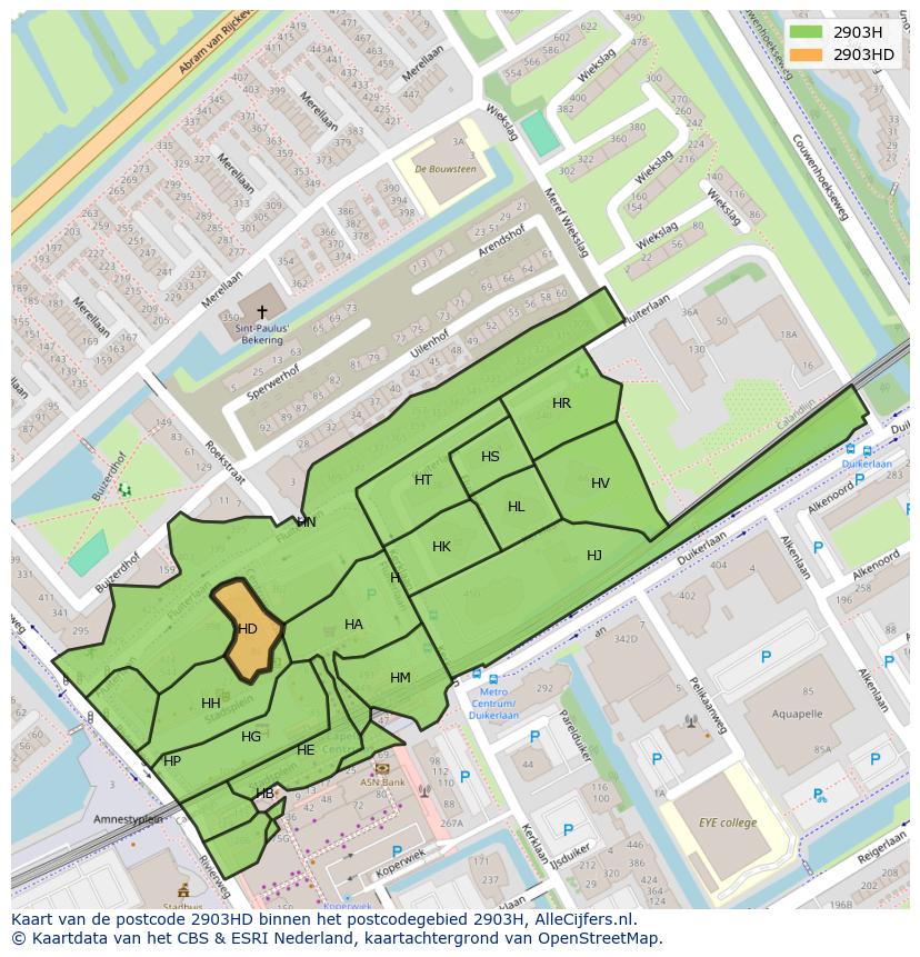 Afbeelding van het postcodegebied 2903 HD op de kaart.