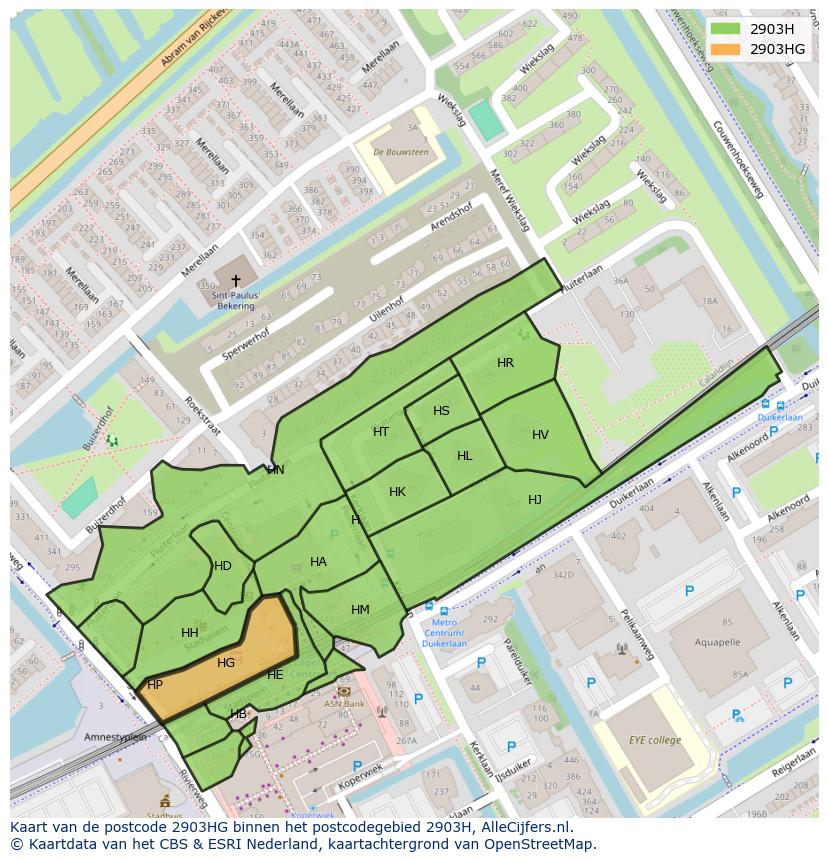 Afbeelding van het postcodegebied 2903 HG op de kaart.