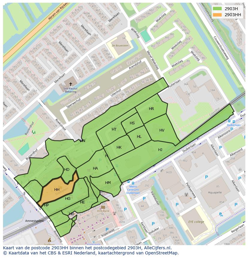 Afbeelding van het postcodegebied 2903 HH op de kaart.