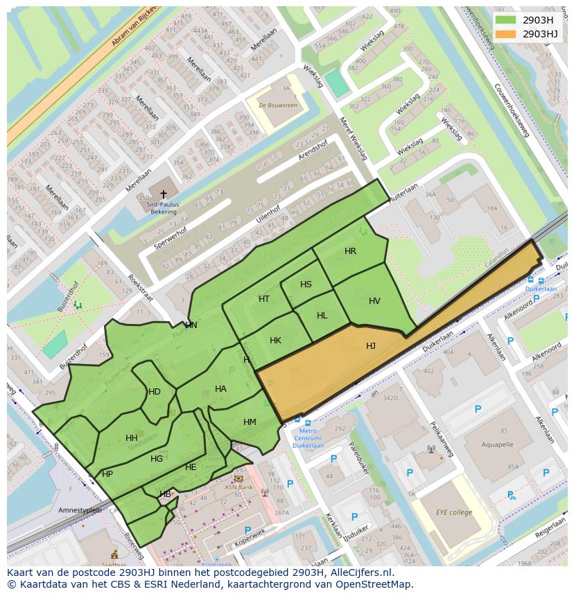 Afbeelding van het postcodegebied 2903 HJ op de kaart.