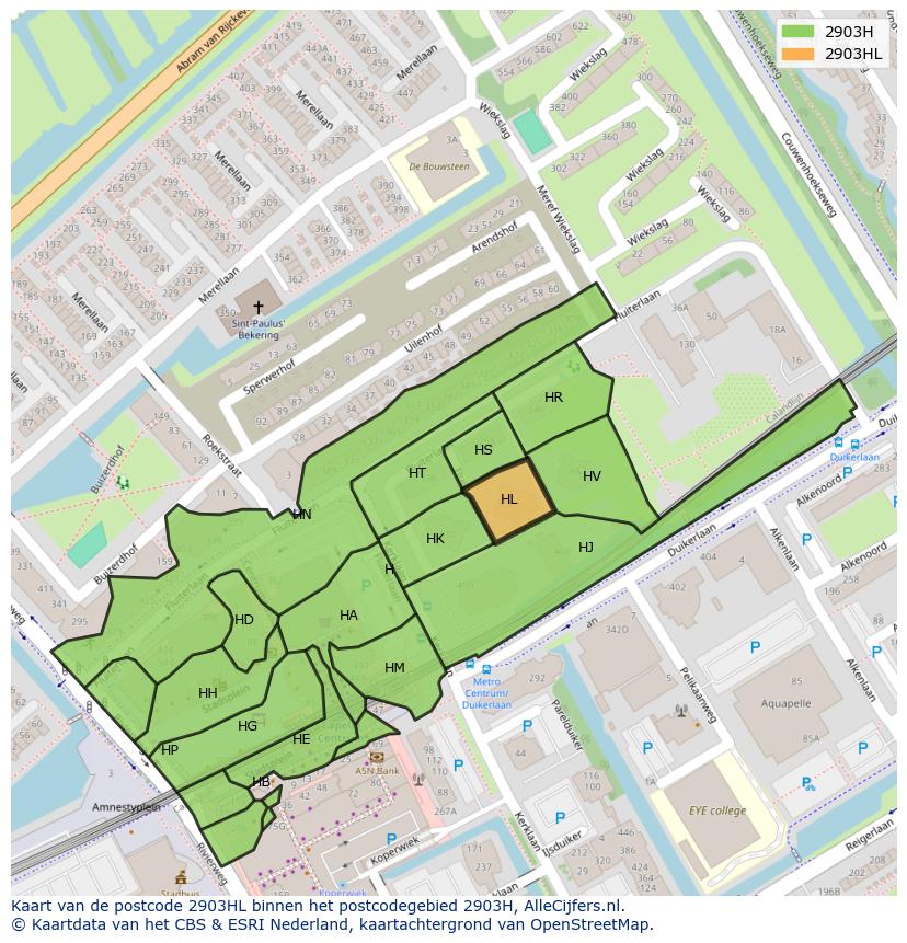 Afbeelding van het postcodegebied 2903 HL op de kaart.