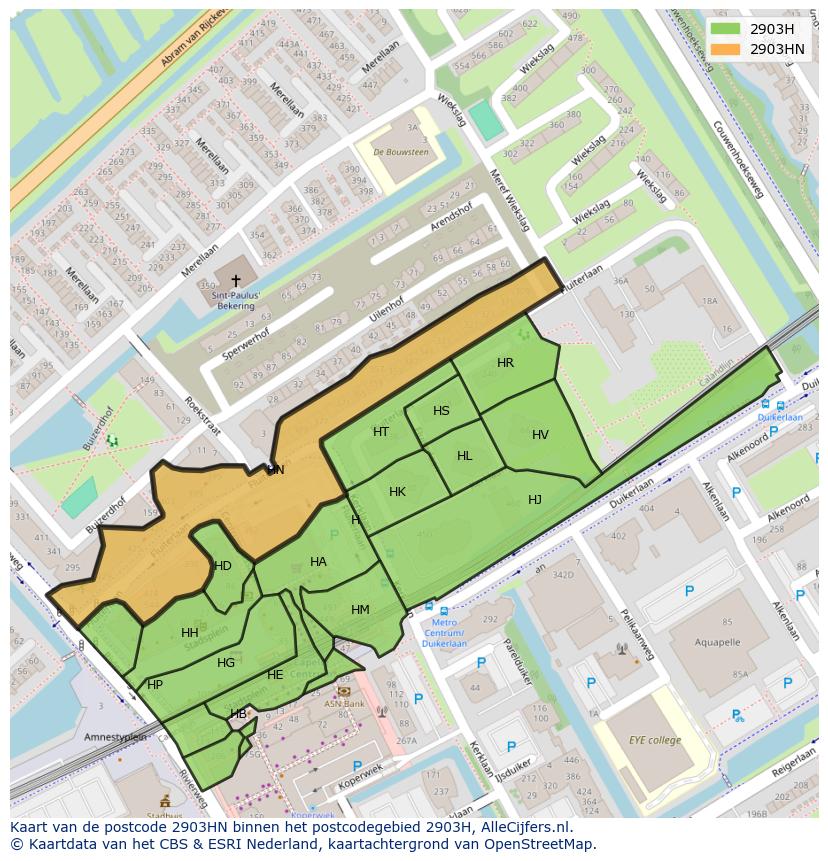 Afbeelding van het postcodegebied 2903 HN op de kaart.