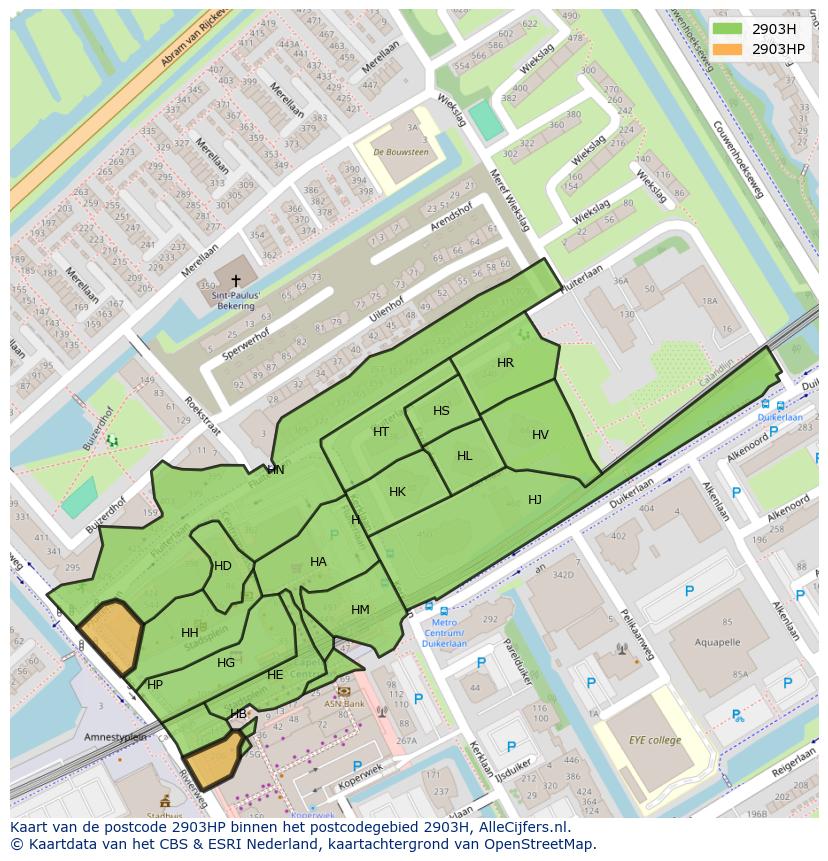 Afbeelding van het postcodegebied 2903 HP op de kaart.