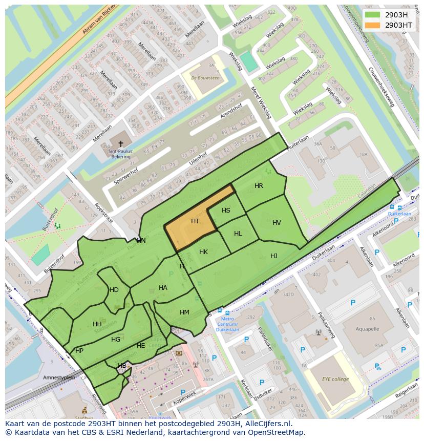 Afbeelding van het postcodegebied 2903 HT op de kaart.