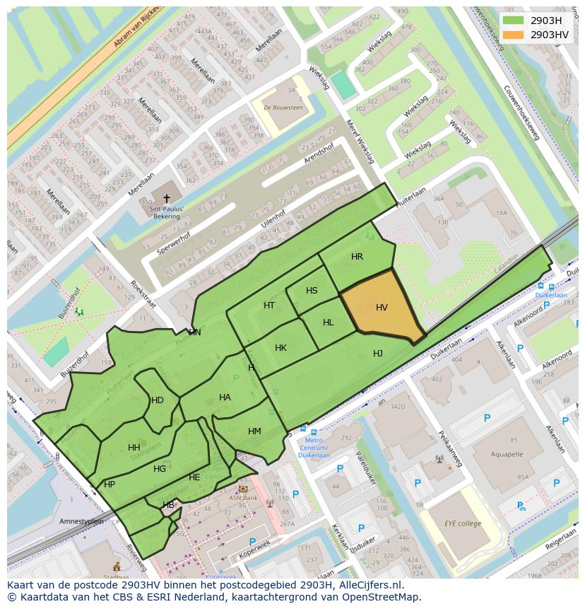 Afbeelding van het postcodegebied 2903 HV op de kaart.