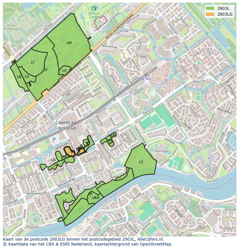 Afbeelding van het postcodegebied 2903 LG op de kaart.