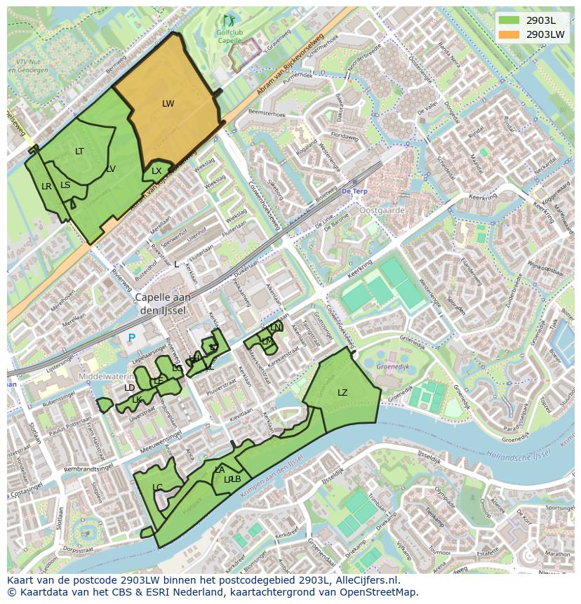 Afbeelding van het postcodegebied 2903 LW op de kaart.