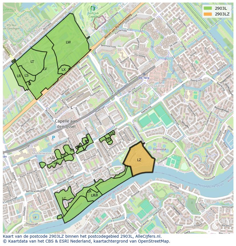 Afbeelding van het postcodegebied 2903 LZ op de kaart.