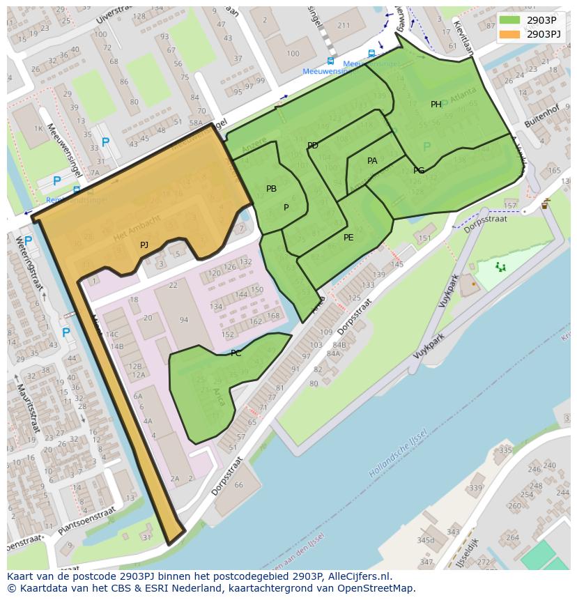 Afbeelding van het postcodegebied 2903 PJ op de kaart.