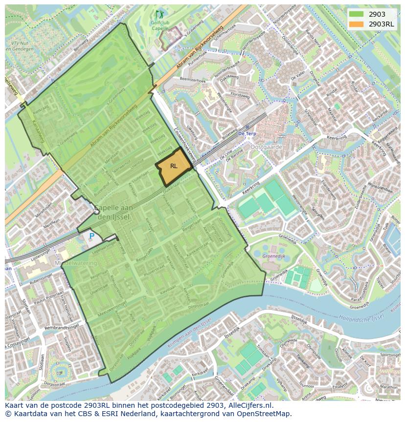 Afbeelding van het postcodegebied 2903 RL op de kaart.
