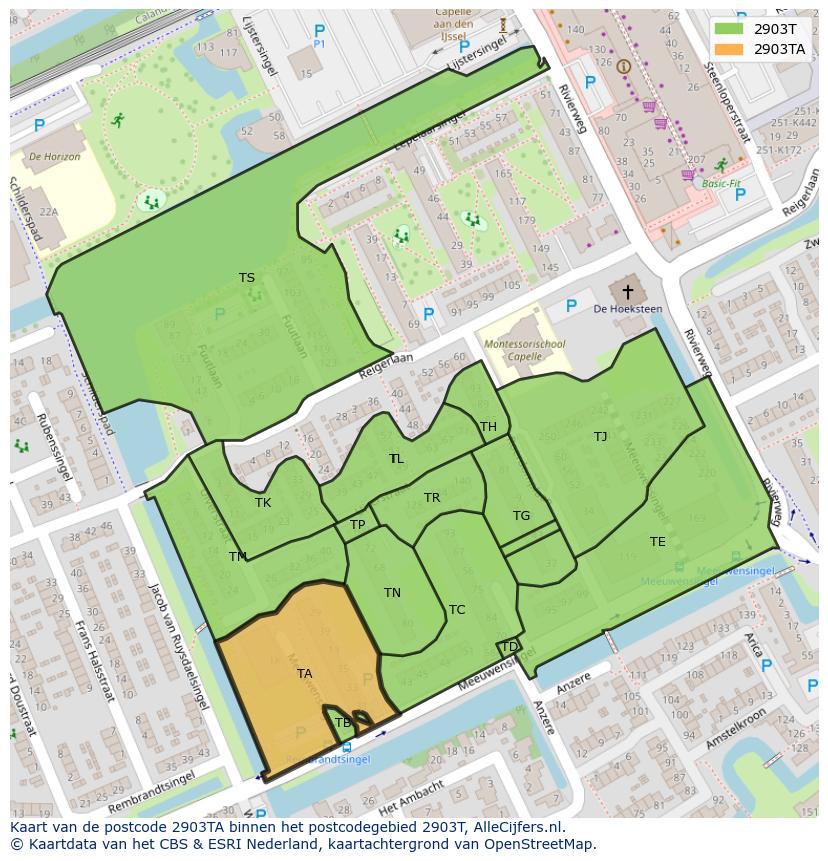 Afbeelding van het postcodegebied 2903 TA op de kaart.