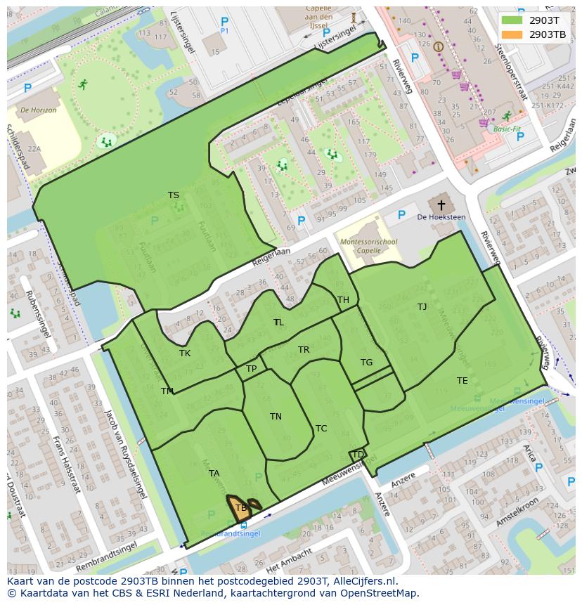 Afbeelding van het postcodegebied 2903 TB op de kaart.