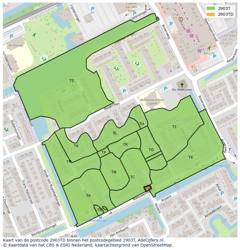 Afbeelding van het postcodegebied 2903 TD op de kaart.