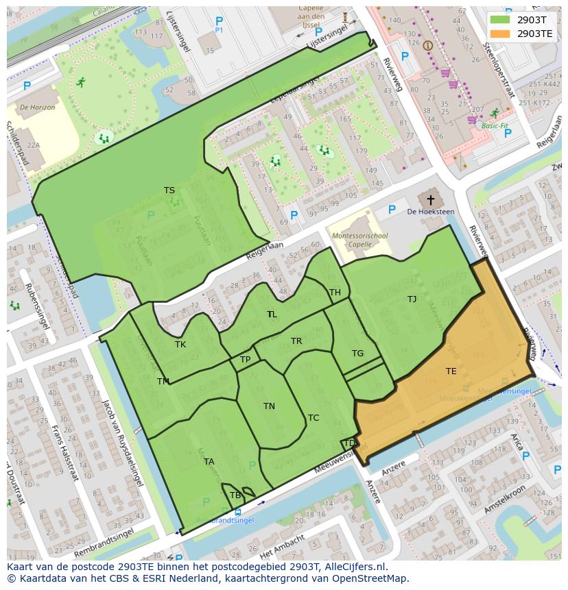 Afbeelding van het postcodegebied 2903 TE op de kaart.