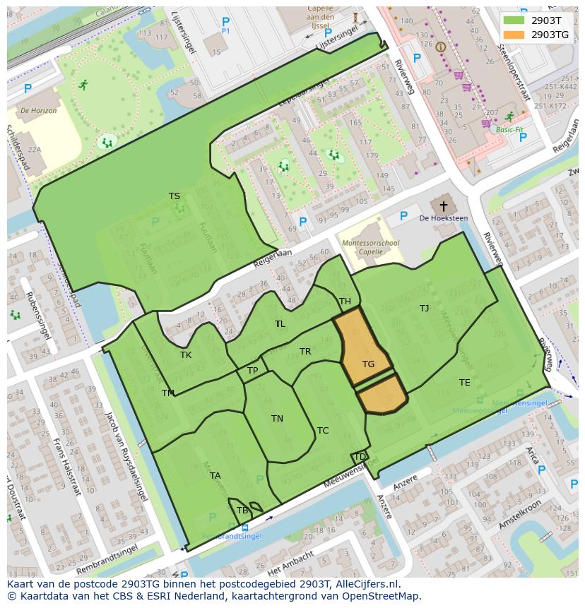 Afbeelding van het postcodegebied 2903 TG op de kaart.