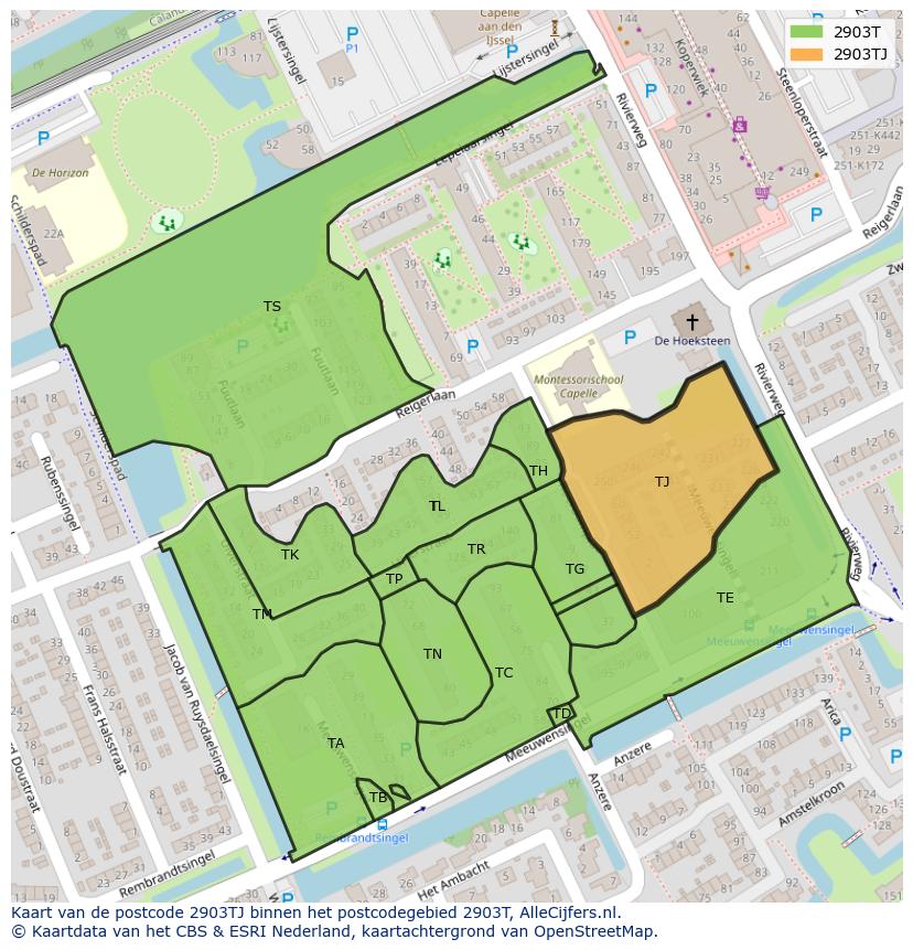 Afbeelding van het postcodegebied 2903 TJ op de kaart.