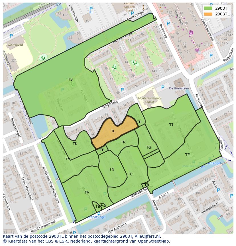 Afbeelding van het postcodegebied 2903 TL op de kaart.