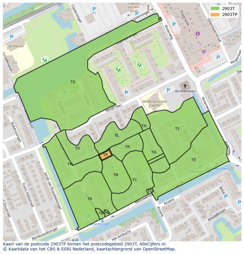 Afbeelding van het postcodegebied 2903 TP op de kaart.