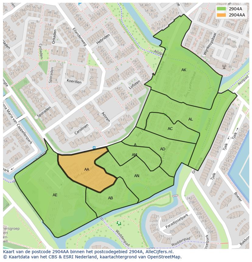Afbeelding van het postcodegebied 2904 AA op de kaart.
