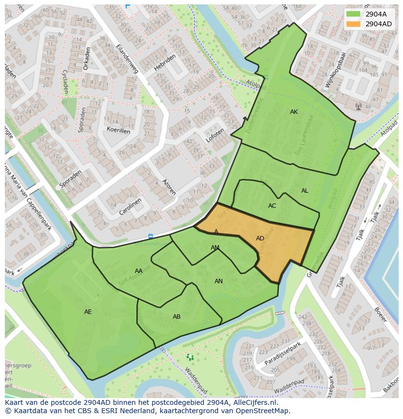 Afbeelding van het postcodegebied 2904 AD op de kaart.