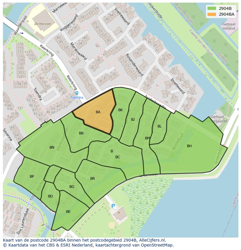 Afbeelding van het postcodegebied 2904 BA op de kaart.
