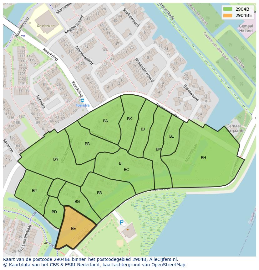 Afbeelding van het postcodegebied 2904 BE op de kaart.